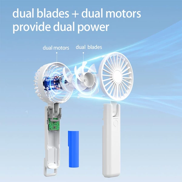 YL09 hordozható, újratölthető kézi ventilátor, 2000mAh, 180°-ban hajtható, dupla lapát, 4 fokozat - Fehér