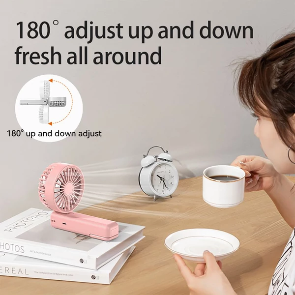 YL09 hordozható, újratölthető kézi ventilátor, 2000mAh, 180°-ban hajtható, dupla lapát, 4 fokozat - Fehér