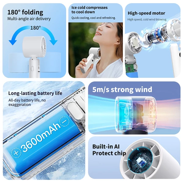 WT21 hordozható kézi ventilátor, 3600mAh akkumulátor, nagy sebességű motor, 180°-ban hajtható, LED kijelző, 100 fokozat - Fehér