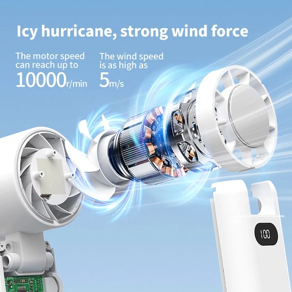 WT21 hordozható kézi ventilátor, 3600mAh akkumulátor, nagy sebességű motor, 180°-ban hajtható, LED kijelző, 100 fokozat - Fehér