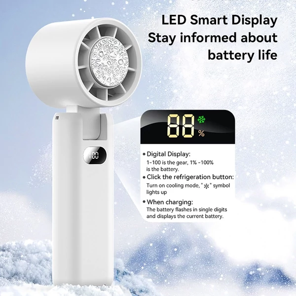 WT21 hordozható kézi ventilátor, 3600mAh akkumulátor, nagy sebességű motor, 180°-ban hajtható, LED kijelző, 100 fokozat - Fehér