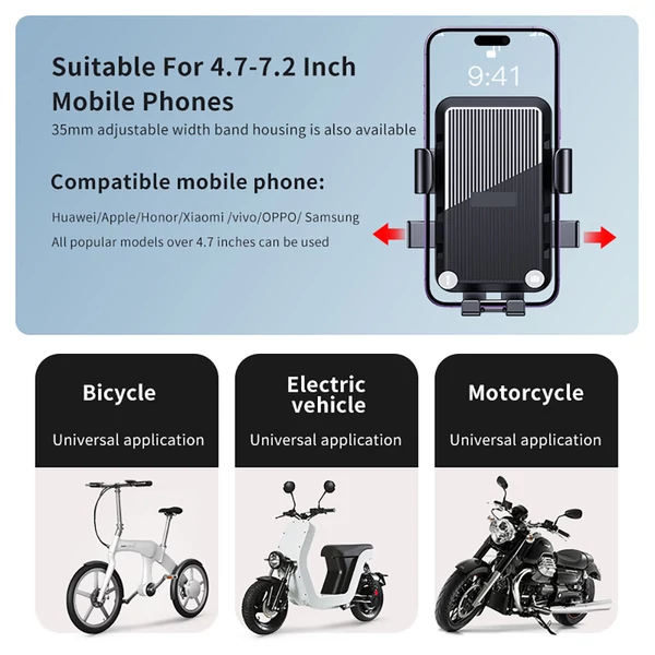 M5 telefontartó elektromos kerékpárokhoz, motorkerékpárokhoz, 4,7–7,2" telefonokhoz, kormányra - Fekete