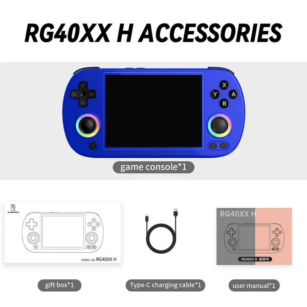 ANBERNIC RG40XX H retro játékkonzol RGB fénnyel, 32GB+64GB kártya, 5000+ játék, 1GB RAM, 640×480 IPS, 3200mAh, 6 óra, Linux, 5G WiFi, Bluetooth - Kék