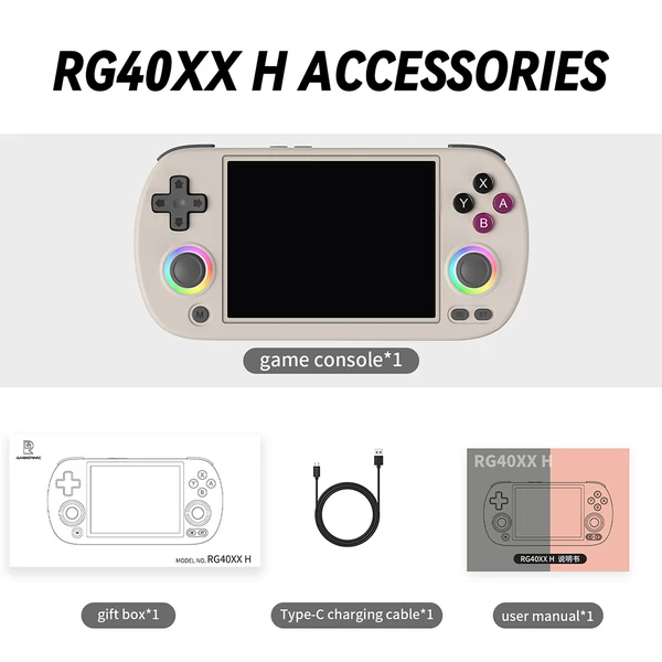 ANBERNIC RG40XX H retro játékkonzol RGB fénnyel, 32GB+64GB kártya, 5000+ játék, 1GB RAM, 640×480 IPS, 3200mAh, 6 óra, Linux, 5G WiFi, Bluetooth - Szürke