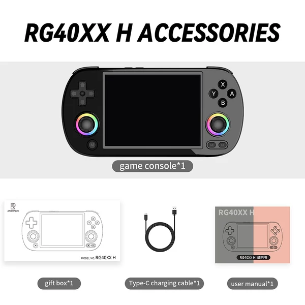 ANBERNIC RG40XX H retro játékkonzol RGB fénnyel, 32GB, 5000+ játék, 1GB RAM, 640×480 IPS, 3200mAh, 6 óra, Linux, 5G WiFi, Bluetooth - Fekete