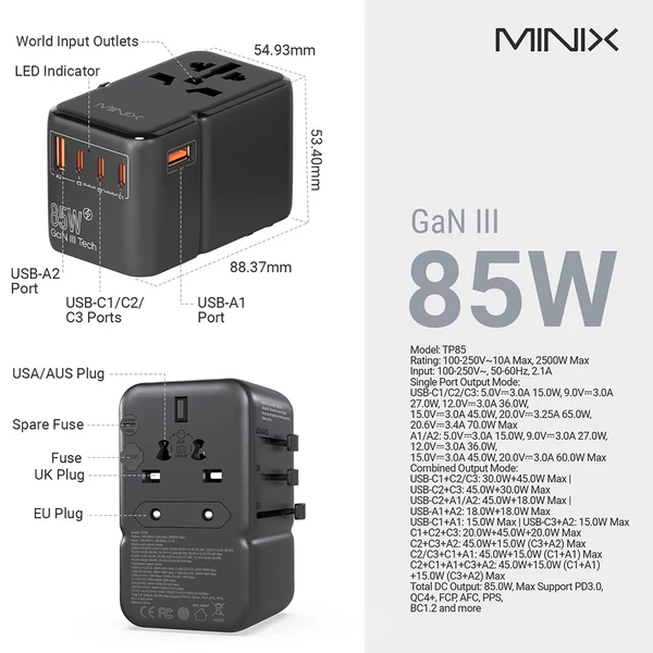 MINIX TP85 85W univerzális utazóadapter, 3 USB-C, 2 USB-A
