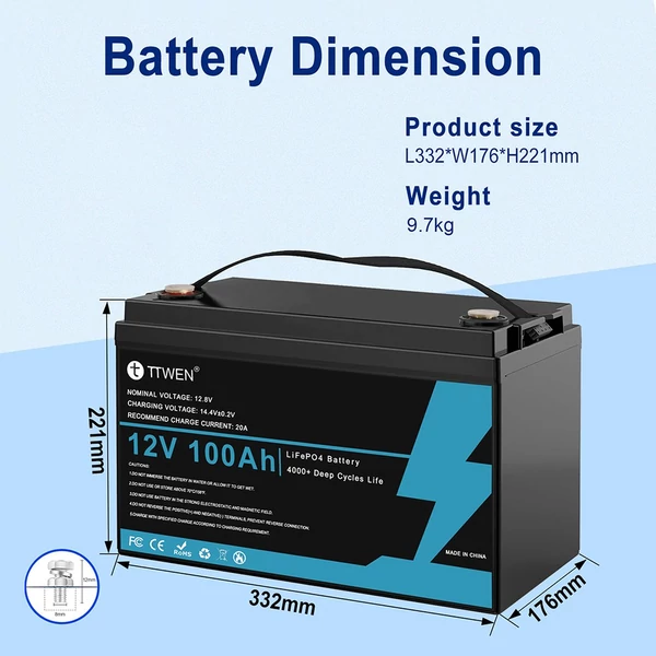 TTWEN 12V 100Ah LiFePO4 akkumulátor, 4000+ ciklus, lakóautóhoz, hajóhoz, kempinghez, off-grid, nem Bluetooth