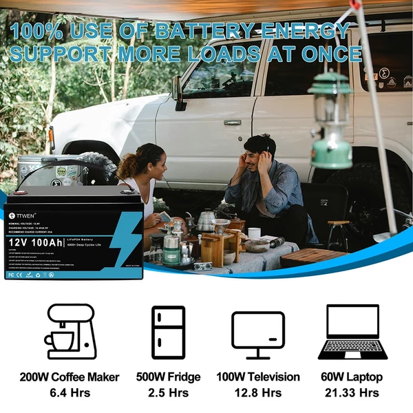 TTWEN 12V 100Ah LiFePO4 akkumulátor, 4000+ ciklus, lakóautóhoz, hajóhoz, kempinghez, off-grid, nem Bluetooth