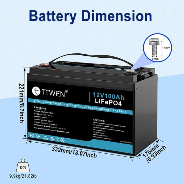 TTWEN 12V 100Ah LiFePO4 akkumulátor, 1280Wh, 4000+ ciklus, Bluetooth 5.0, lakókocsihoz, hajóhoz, kempinghez