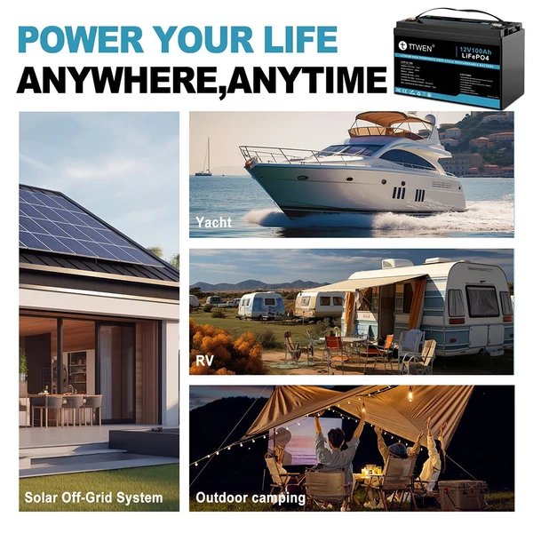 TTWEN 12V 100Ah LiFePO4 akkumulátor, 1280Wh, 4000+ ciklus, Bluetooth 5.0, lakókocsihoz, hajóhoz, kempinghez