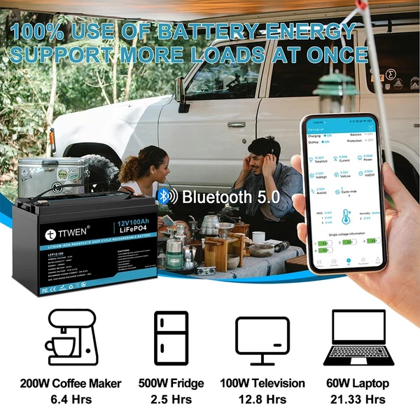 TTWEN 12V 100Ah LiFePO4 akkumulátor, 1280Wh, 4000+ ciklus, Bluetooth 5.0, lakókocsihoz, hajóhoz, kempinghez
