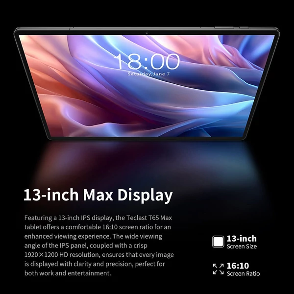 Teclast T65 Max tablet, 13" IPS (1920×1200), Helio G99, 8+12GB RAM, 256GB, Android 14, 8/13MP kamera, 10000mAh, 18W gyorstöltés, WiFi, BT, GPS, arcfelismerés