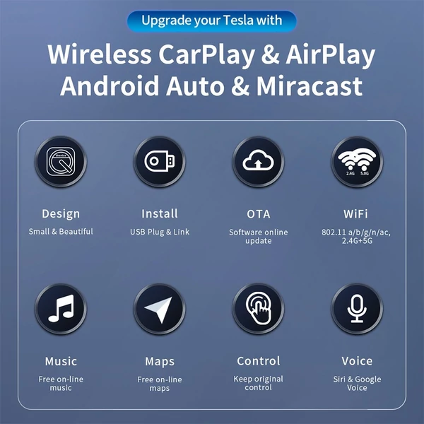 Ownice T3 Vezeték nélküli Ai Box Teslához, dupla WiFi, CarPlay / AirPlay / Android Auto / MiraCast támogatás – Kék