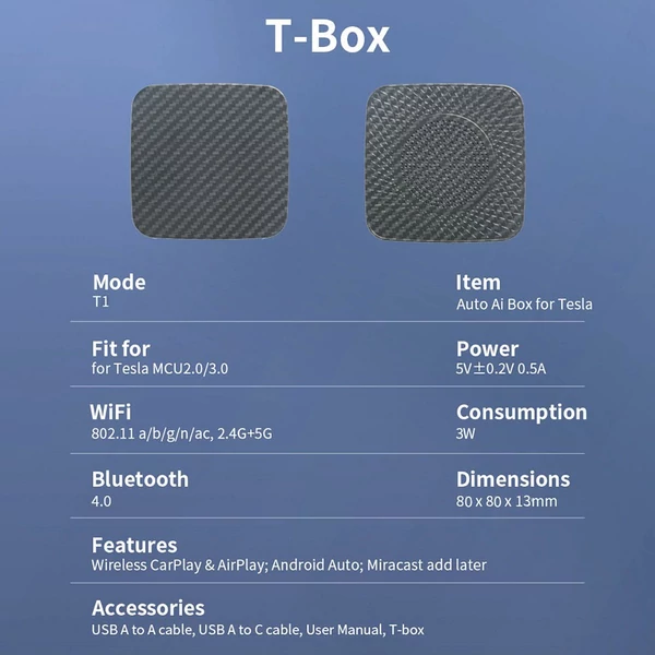 Ownice T1 Vezeték nélküli Ai Box Teslához, dupla WiFi, CarPlay / AirPlay / Android Auto / MiraCast támogatás – Fekete