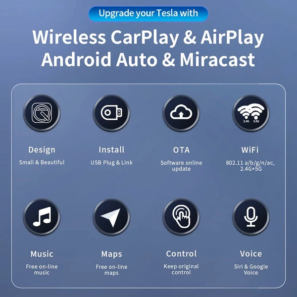 Ownice T1 Vezeték nélküli Ai Box Teslához, dupla WiFi, CarPlay / AirPlay / Android Auto / MiraCast támogatás – Fekete