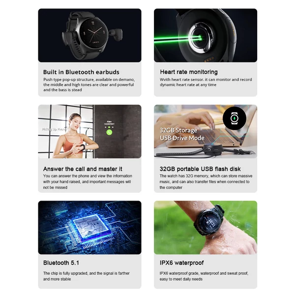 Aipower W28 3 az 1-ben okosóra vezeték nélküli fülhallgatóval és MP3 lejátszóval – Fekete