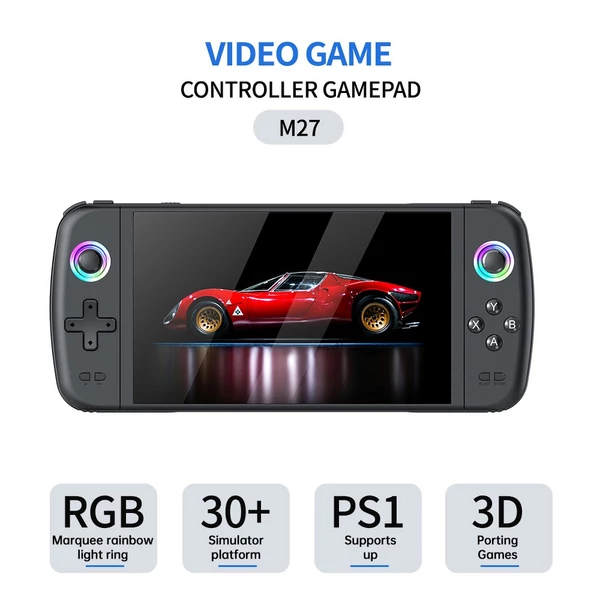 M27 kézi játékkonzol, 7" IPS kijelző, RGB fény, 30+ emulátor, eredeti 3D joystick - 64GB TF kártya