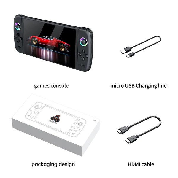 M27 kézi játékkonzol, 7" IPS kijelző, RGB fény, 30+ emulátor, eredeti 3D joystick - 64GB TF kártya