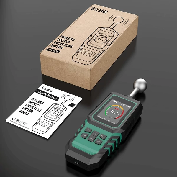 ERICKHILL EWM05 fa nedvességmérő, érintésmentes, 3 színű LED gyűrű, digitális kijelző, 1000mAh akkumulátor