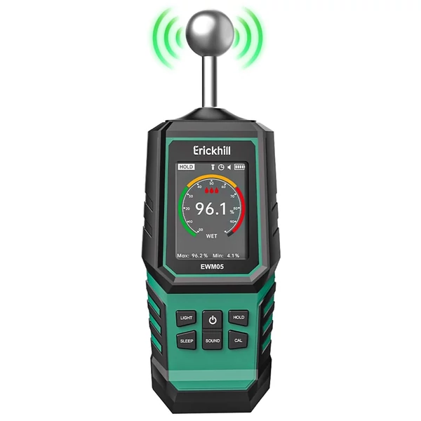 ERICKHILL EWM05 fa nedvességmérő, érintésmentes, 3 színű LED gyűrű, digitális kijelző, 1000mAh akkumulátor