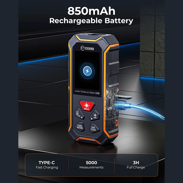CIGMAN CD-60R Digitális lézeres távolságmérő – 120m, piros lézersugár, ±1/16” pontosság, memóriás LCD kijelző