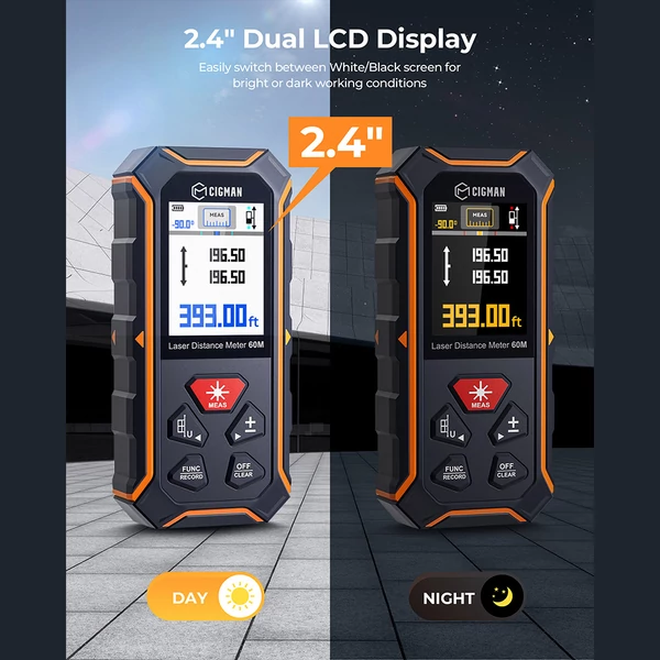 CIGMAN CD-60R Digitális lézeres távolságmérő – 120m, piros lézersugár, ±1/16” pontosság, memóriás LCD kijelző