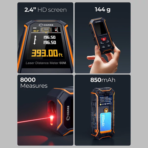 CIGMAN CD-60R Digitális lézeres távolságmérő – 120m, piros lézersugár, ±1/16” pontosság, memóriás LCD kijelző