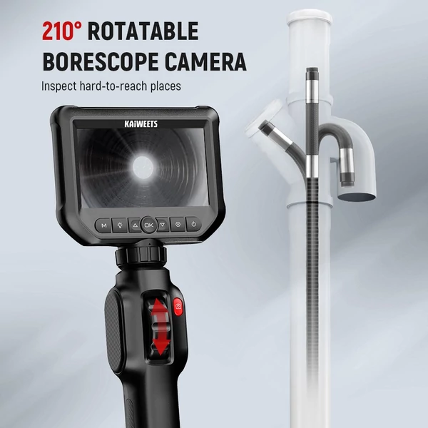 KAIWEETS KBA01 kétirányú, 210°-ban forgatható csuklós endoszkóp kamera, 4.3" 1080P kijelzővel, IP67 vízálló ipari vizsgáló kamera