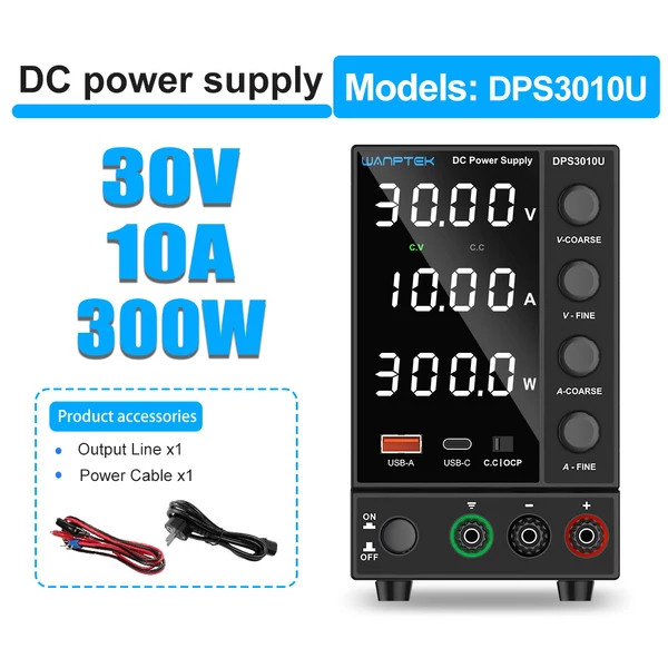 WANPTEK DPS3010U Szabályozható DC Tápegység 30V 10A - Digitális Kijelzős Laboráló Tápegység USB-C Gyorstöltéssel, Alacsony Zajjal és Hűtőventilátorral