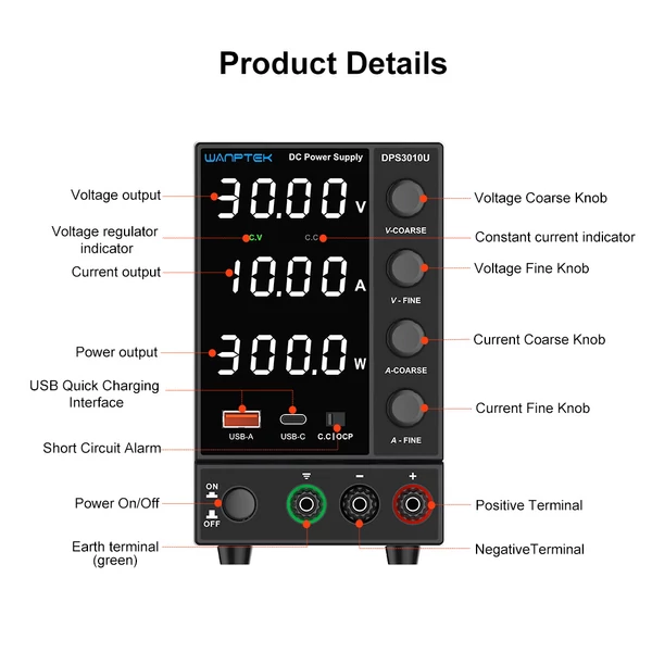 WANPTEK DPS3010U Szabályozható DC Tápegység 30V 10A - Digitális Kijelzős Laboráló Tápegység USB-C Gyorstöltéssel, Alacsony Zajjal és Hűtőventilátorral