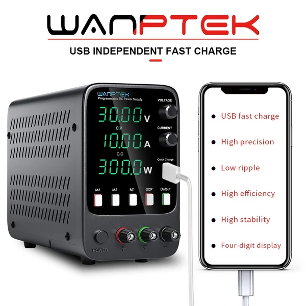 WANPTEK APS3010H Programozható Szabályozott DC Tápegység 30V 10A - Memória Funkció, Encoder Beállítás, USB Gyorstöltés, 4 Jegyű Kijelző