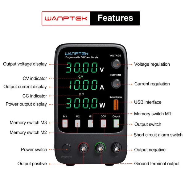 WANPTEK APS3010H Programozható Szabályozott DC Tápegység 30V 10A - Memória Funkció, Encoder Beállítás, USB Gyorstöltés, 4 Jegyű Kijelző