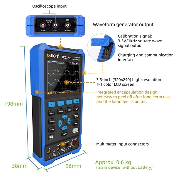 OWON HDS272S 3 az 1-ben Digitális Oszcilloszkóp Multiméter Jelgenerátor, 70MHz Sávszélesség, 250MSa/s Mintavétel, 20000 Számláló