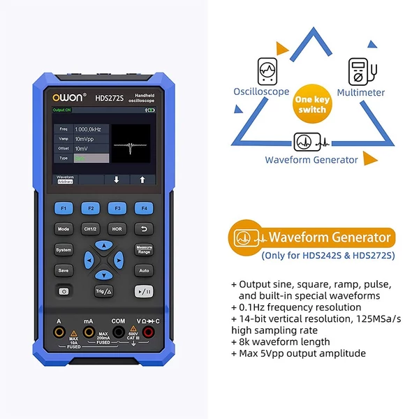 OWON HDS272S 3 az 1-ben Digitális Oszcilloszkóp Multiméter Jelgenerátor, 70MHz Sávszélesség, 250MSa/s Mintavétel, 20000 Számláló