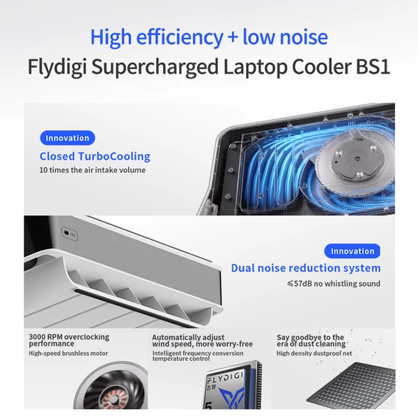 Flydigi BS1 laptop hűtőállvány, 4 hűtési mód, intelligens változó frekvenciás hőmérséklet-szabályozás