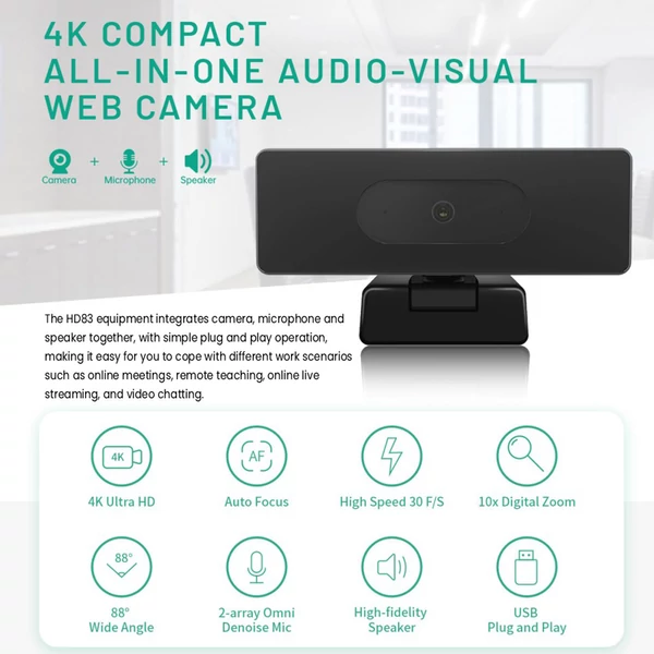 GUCEE HD83-4KAF 4K UHD webkamera, autofókusz, 10x digitális zoom, 88° széles látószög, USB, plug and play