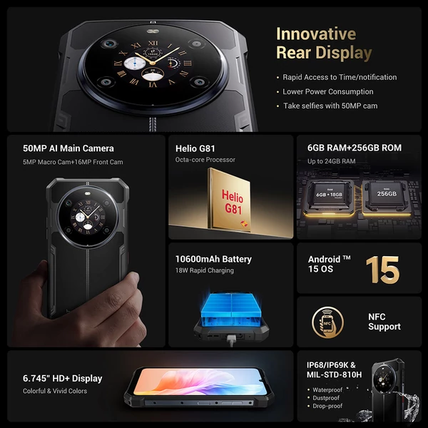 FOSSiBOT F109S strapabíró okostelefon, Android 15, 6+256GB, 10600mAh akkumulátor, 50MP kamera, NFC