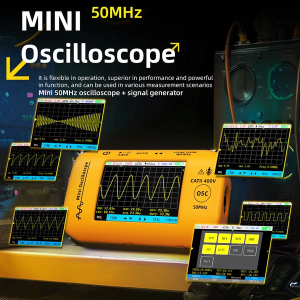 BSIDE OT4 Mini Oszcilloszkóp, 50MHz 200MSa/s, 2,8 hüvelykes színes kijelző, jelforrás