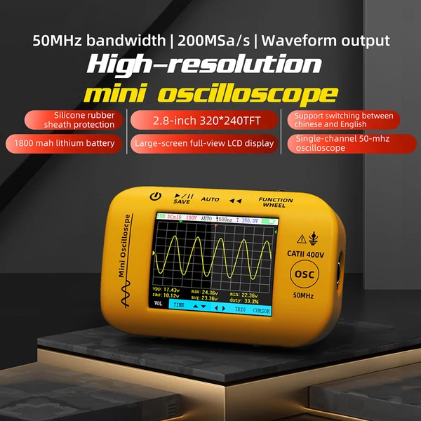 BSIDE OT4 Mini Oszcilloszkóp, 50MHz 200MSa/s, 2,8 hüvelykes színes kijelző, jelforrás