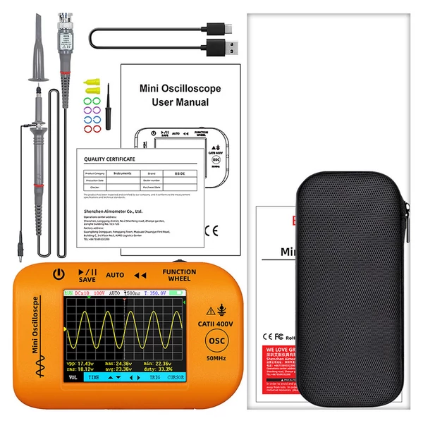 BSIDE OT4 Mini Oszcilloszkóp, 50MHz 200MSa/s, 2,8 hüvelykes színes kijelző, jelforrás