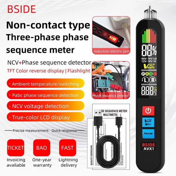 BSIDE AVX1 2 az 1-ben fázis teszter és NCV detektor, színes LCD kijelző, hőmérséklet, USB-s, 400mAh