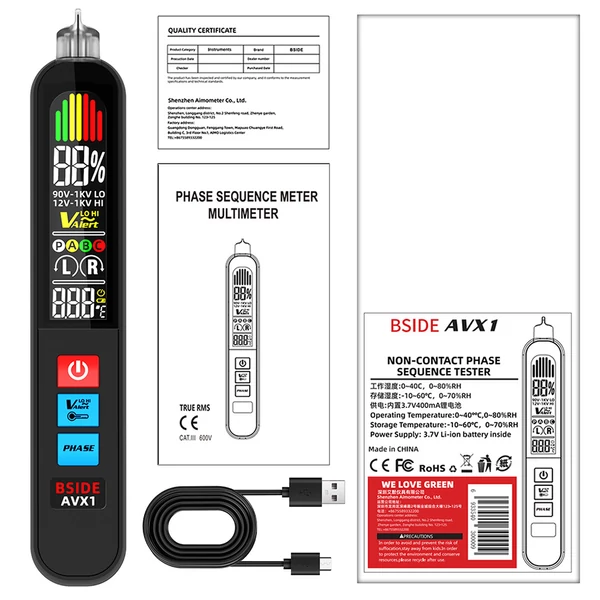 BSIDE AVX1 2 az 1-ben fázis teszter és NCV detektor, színes LCD kijelző, hőmérséklet, USB-s, 400mAh