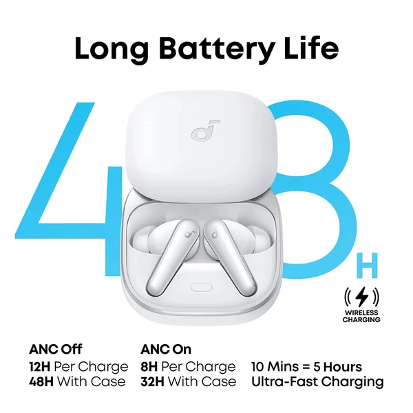 Anker Soundcore Liberty 5 ANC fülhallgató, Dolby Audio, 2x erősebb zajszűrés, Adaptív ANC 3.0, 48 óra üzemidő – Fehér