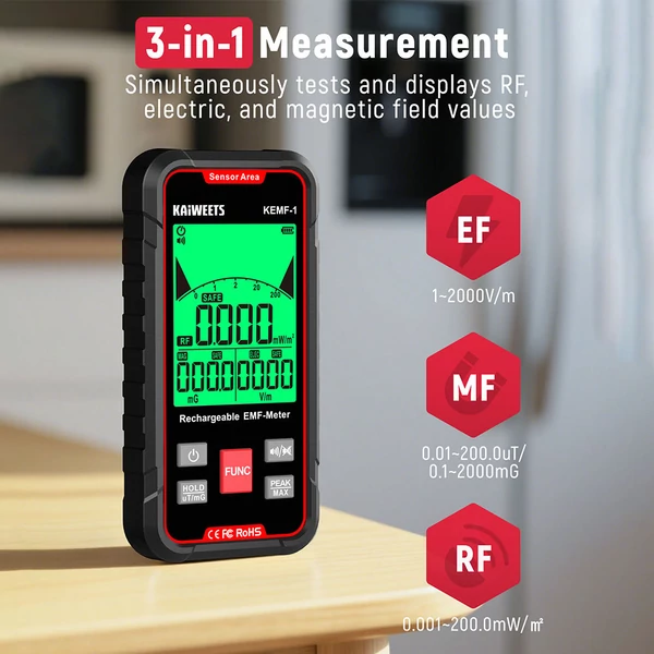 KAIWEETS KEMF-1 EMF sugárzásmérő, EF/MF/RF adatok, LED kijelző, Type-C töltőport