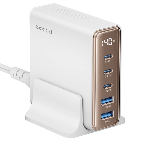 Toocki 140W GaN USB töltő, 5 az 1-ben gyorstöltés, LED kijelző, iPhone/Xiaomi/laptophoz – Fehér