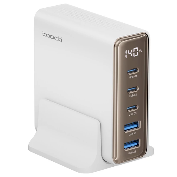 Toocki 140W GaN USB töltő, 5 az 1-ben gyorstöltés, LED kijelző, iPhone/Xiaomi/laptophoz – Fehér