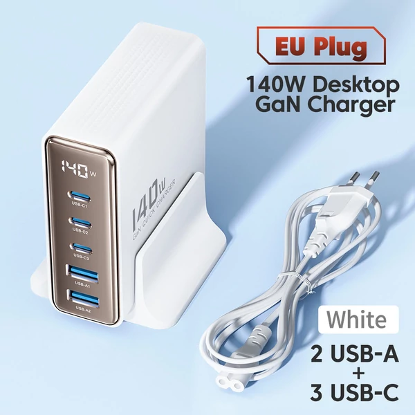 Toocki 140W GaN USB töltő, 5 az 1-ben gyorstöltés, LED kijelző, iPhone/Xiaomi/laptophoz – Fehér