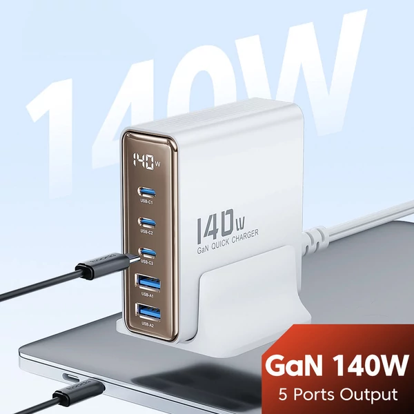 Toocki 140W GaN USB töltő, 5 az 1-ben gyorstöltés, LED kijelző, iPhone/Xiaomi/laptophoz – Fehér