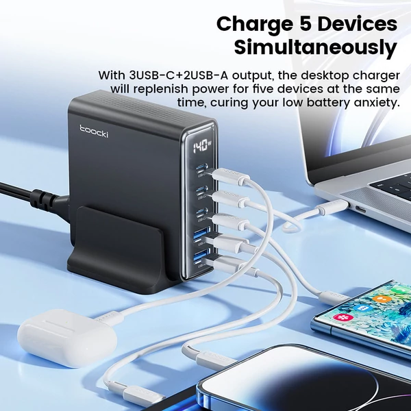 Toocki 140W GaN USB töltő, 5 az 1-ben gyorstöltés, LED kijelző, iPhone/Xiaomi/laptophoz – Fehér