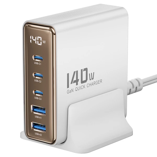 Toocki 140W GaN USB töltő, 5 az 1-ben gyorstöltés, LED kijelző, iPhone/Xiaomi/laptophoz – Fehér